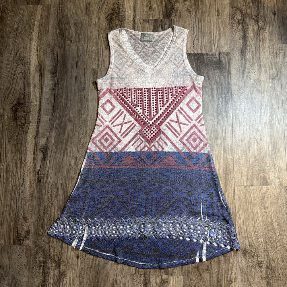 Vocal USA Sz Medium Boho Aztec Rhinestone Swim Cover Up Sweater Dress Beach